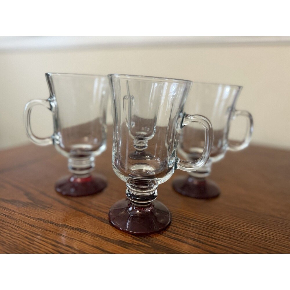 Set of 4 Vintage Clear Glass 5.75" TaIl Irish Coffee Mugs with Red Pedestal Base